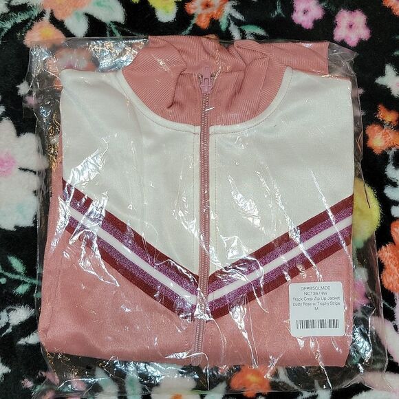 New American Apparel Track Crop Zip Up Jacket Dusty Rose w Trophy Stripe M - Picture 7 of 8